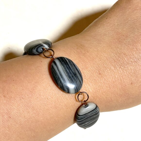 2/$20, Dark Banded Agate Boho Bracelet, Large Genuine Gemstone + Copper Links - Picture 8 of 12